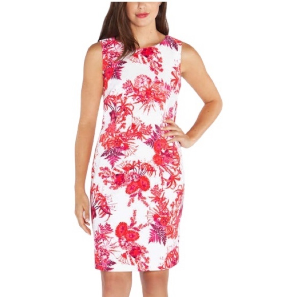 Mario Serrani Floral Shift Dress Red White Sleeveless Career Midi 10